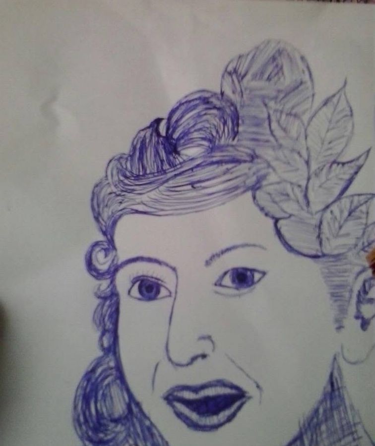 Blue ballpoint pen portrait of a woman with leaves in her hair