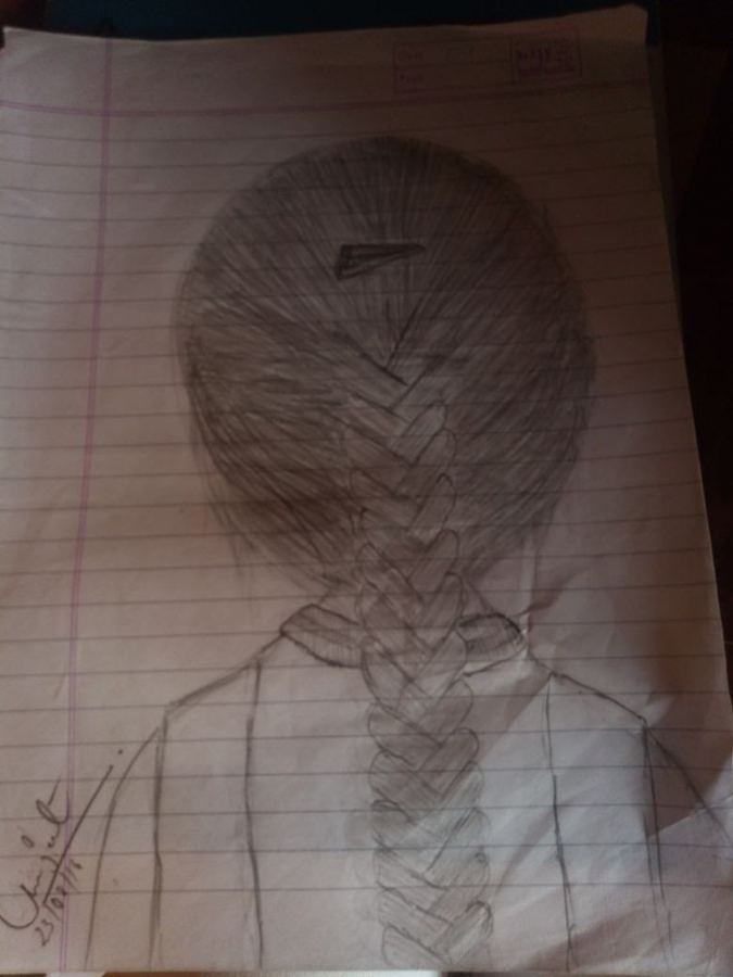 Pencil sketch of a braid from behind, on lined paper